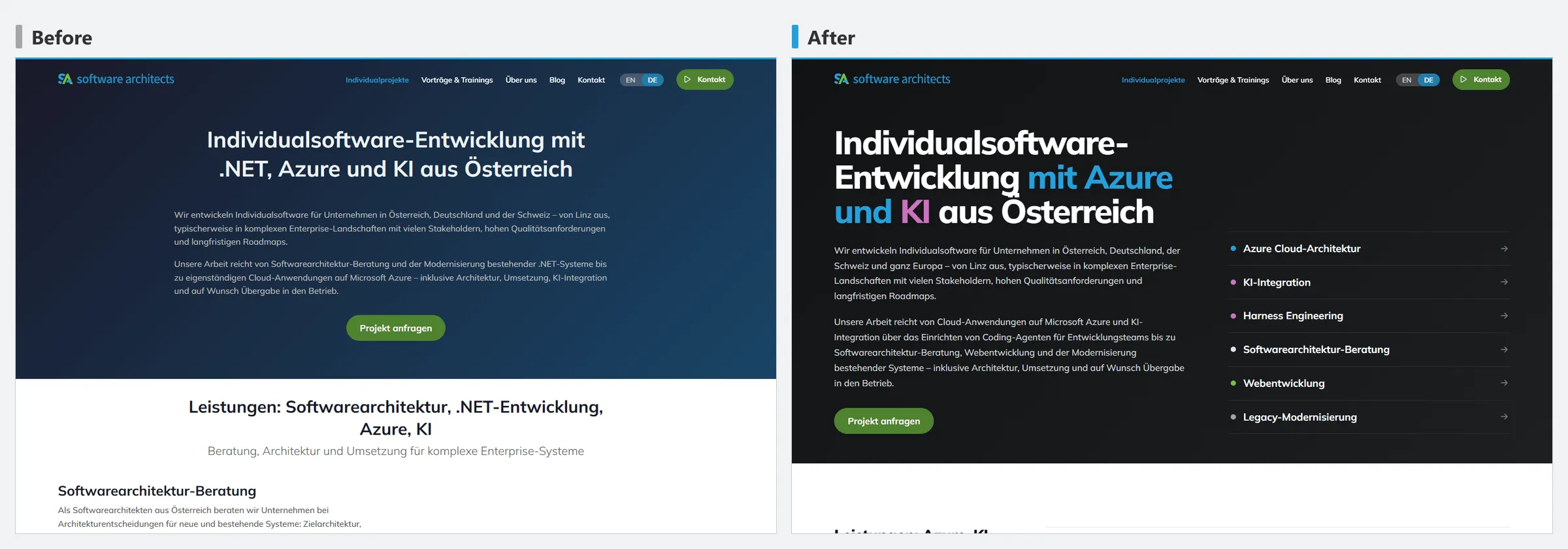software-architects.com custom projects page before and after the rework
