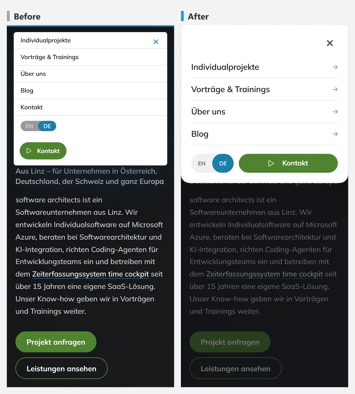 software-architects.com mobile menu before and after the rework