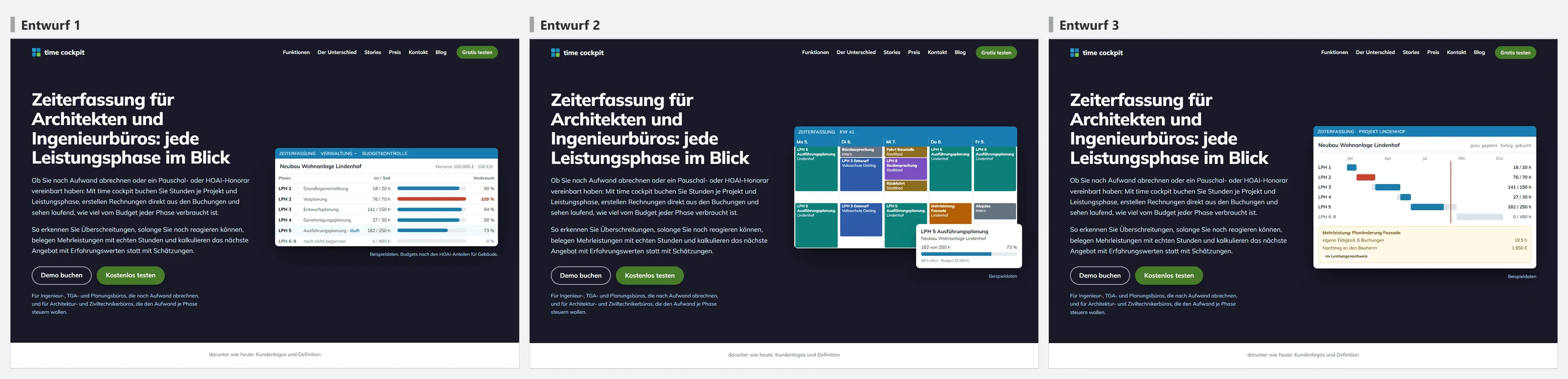 Drei Entwürfe für den Hero-Bereich der Seite für Architekten und Ingenieurbüros auf timecockpit.com