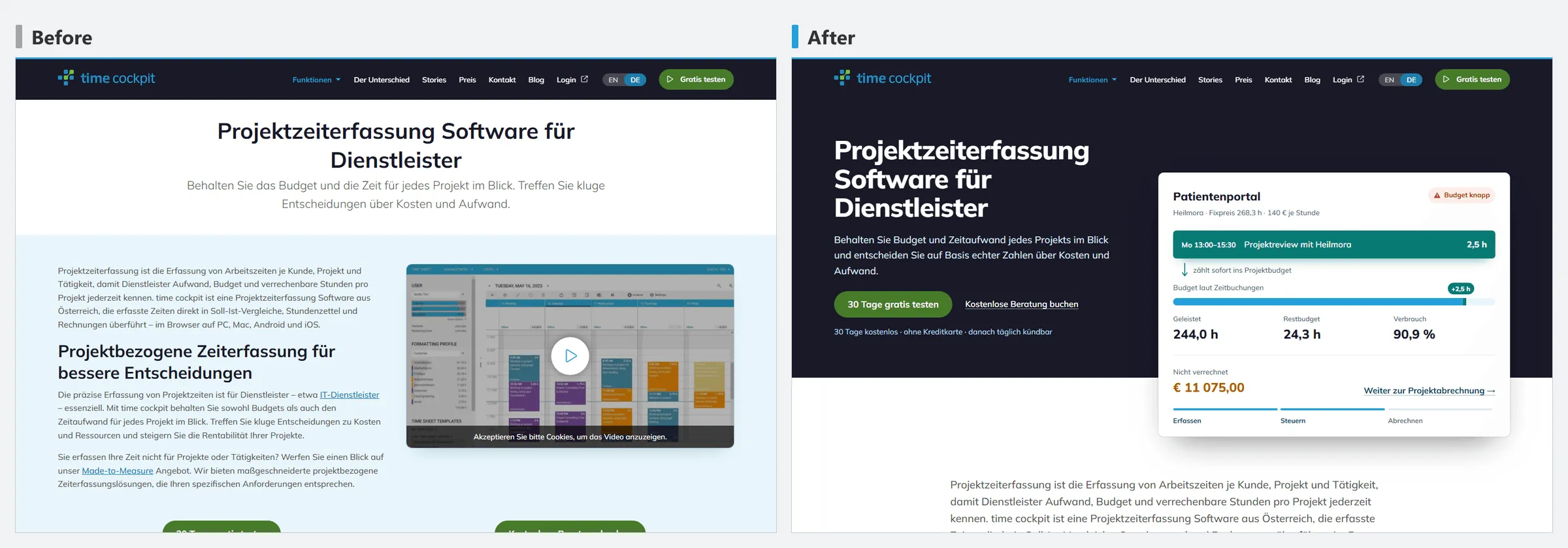 Project time tracking feature page on timecockpit.com before and after the rework