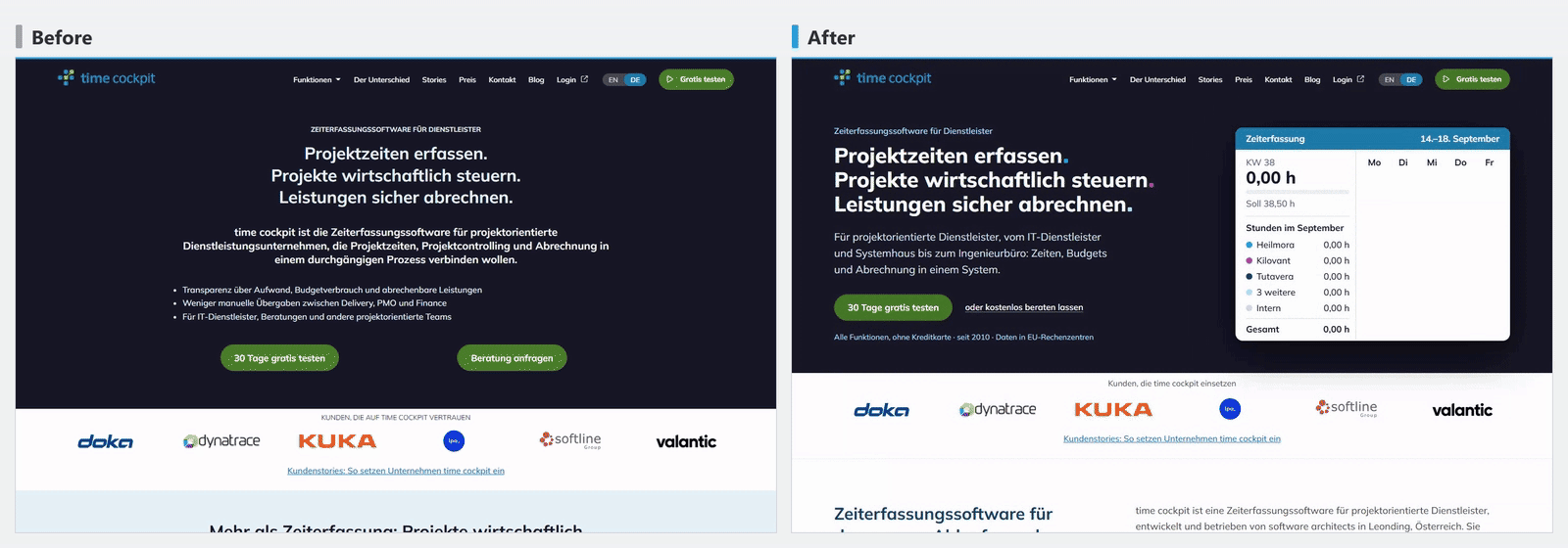 timecockpit.com home page before and after the rework