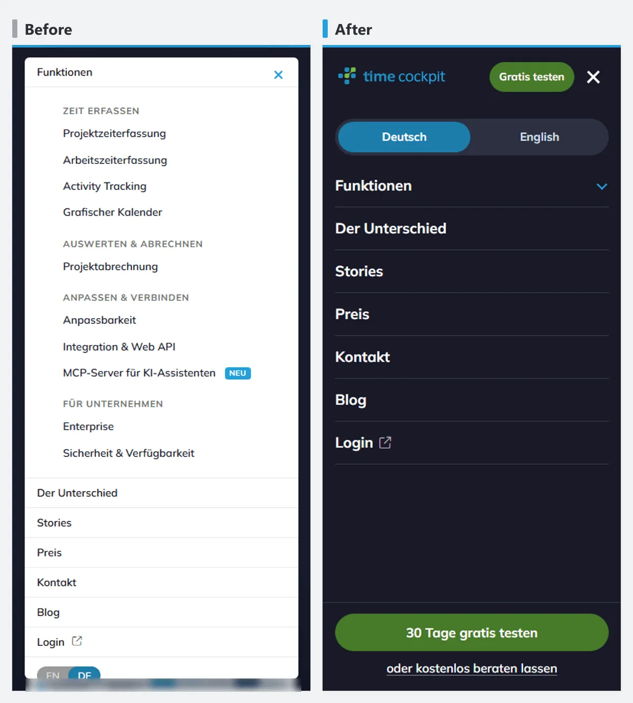 timecockpit.com mobile menu before and after the rework